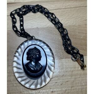 Vtg Mourning Style Black Cameo Bas-Relief Necklace Large Pendant Gothic Revival